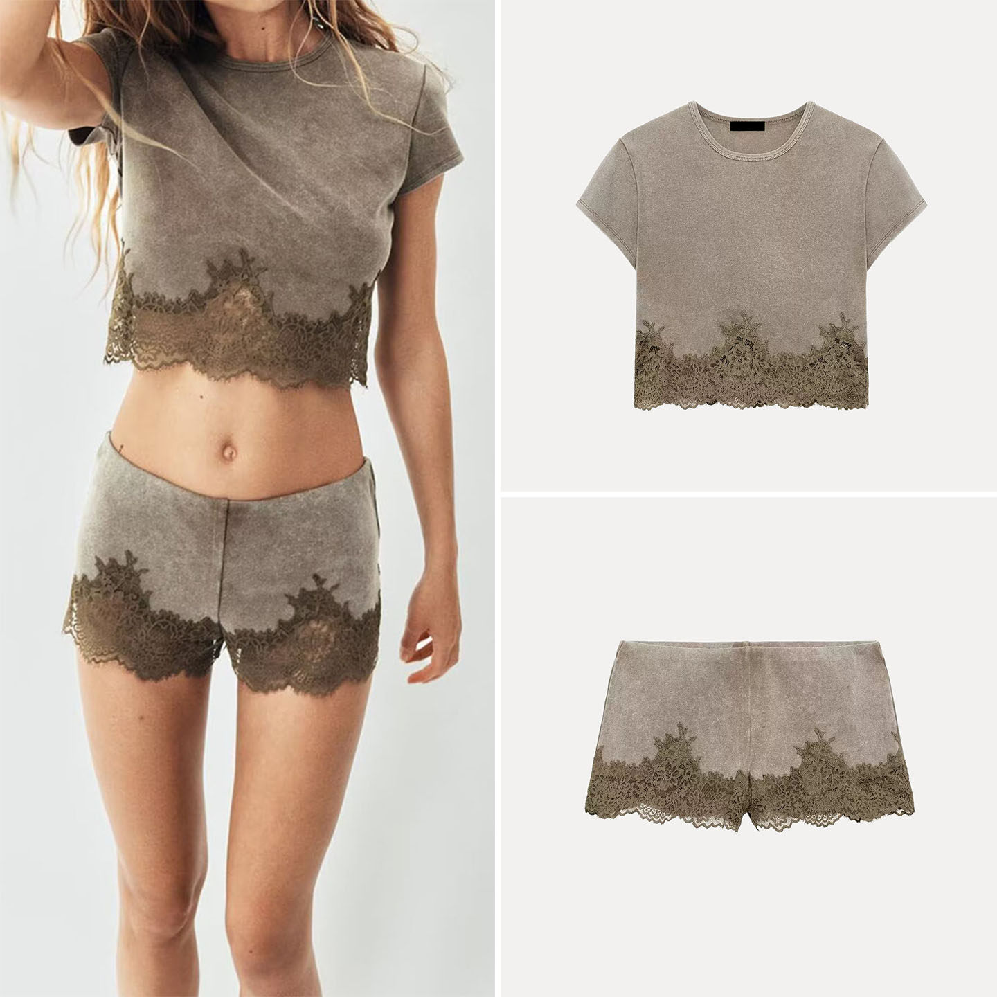 Wash Effect Set - Bayan Kısa Kollu Dantel Trim Yıkanmış